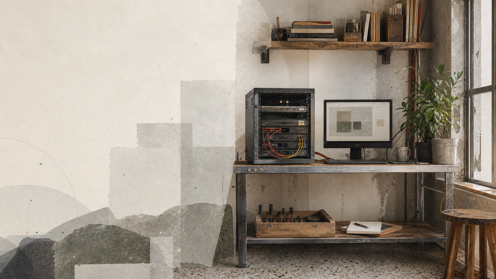 A modest community home-lab with an open network rack, monitor, visible cables, repair tools, reused shelving and houseplants.