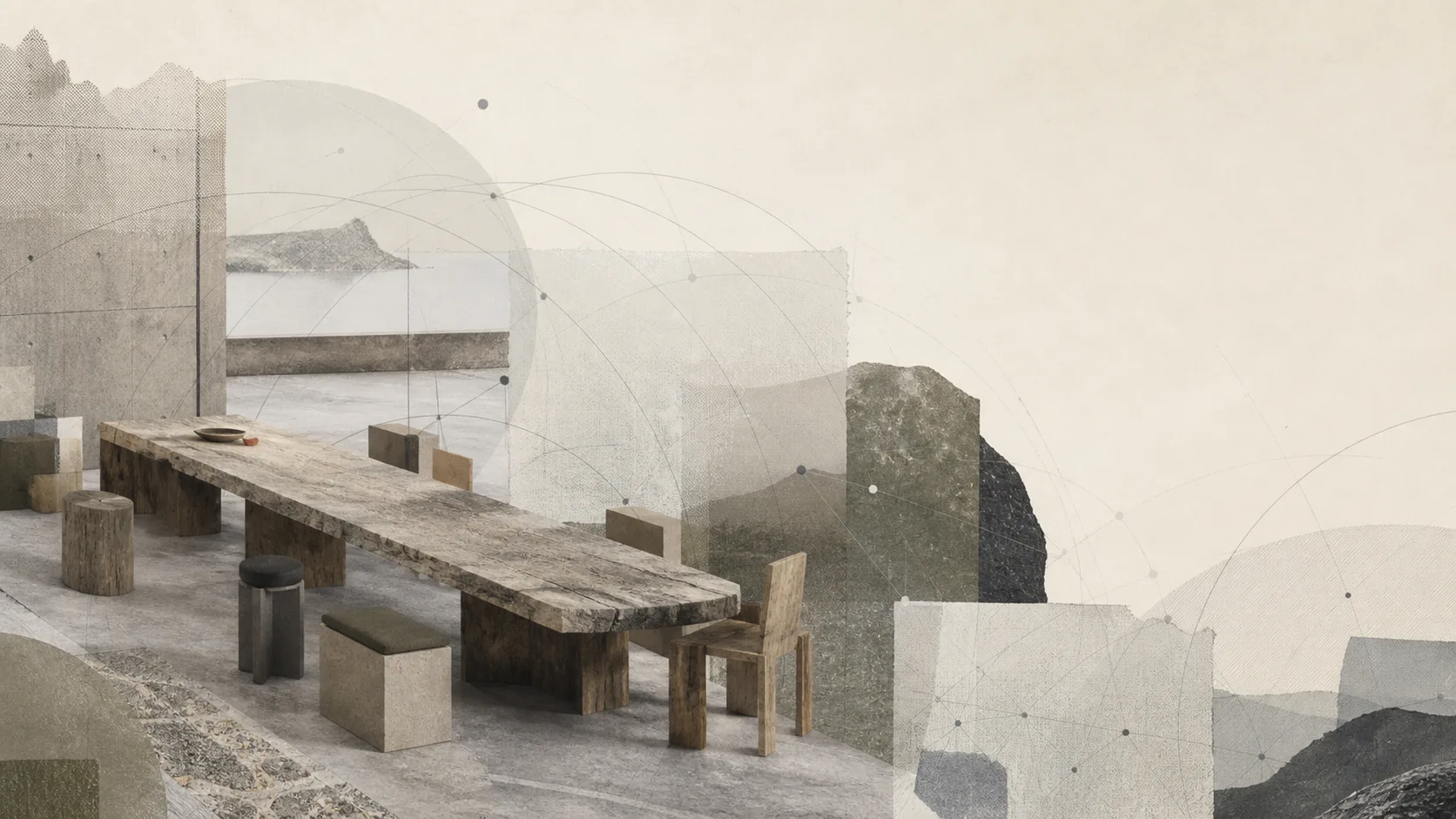 A long timber and stone gathering table among varied seats, translucent planes and fine intersecting lines.