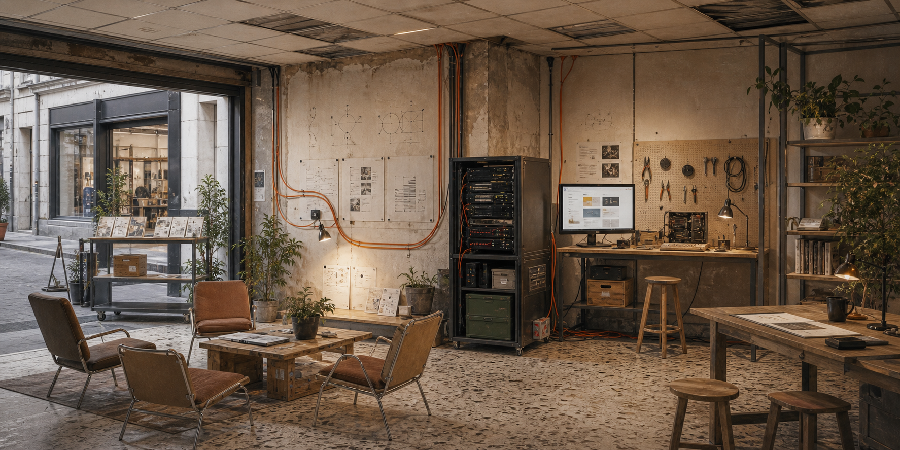 A provisional community workroom with a visible server rack, local media monitor, repair bench, publications, plants and exposed network routes.