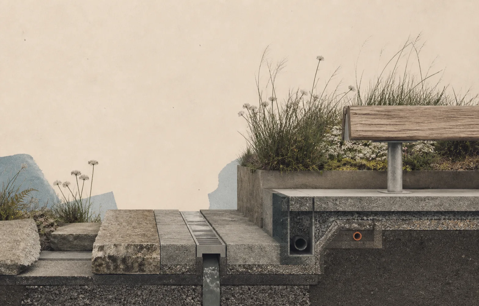 A cutaway civic threshold where stone paving, drainage, conduit, a public bench and coastal planting meet.