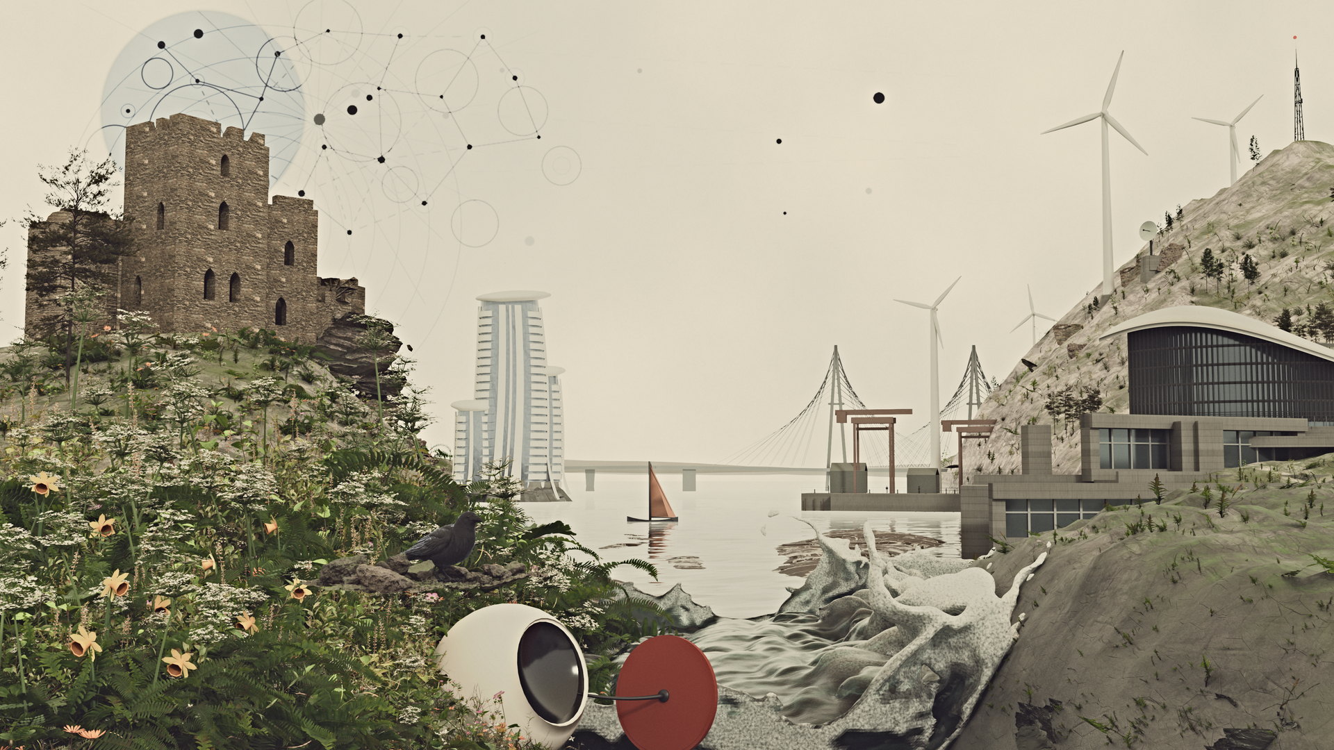 A layered view of Swansea Bay: a ruined stone castle and dense summer planting to the left, a crow on the shore, a slender tower and a small red-sailed boat on the water, a working dock, a bridge and a civic building beneath wind turbines, and a breaking wave beside a pale sphere and an oxide disc in the foreground.